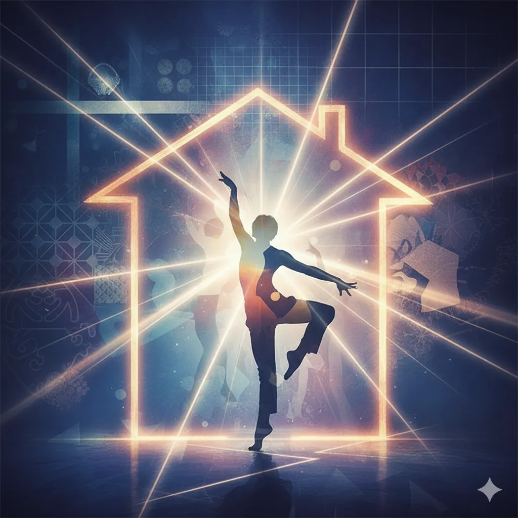 代替テキスト：ダンサーのシルエットと、その背後に輝く家の形のネオンライン。ダンサーは片足を上げて優雅なポーズをとり、周囲には光線が広がり、抽象的な模様が背景に描かれている。