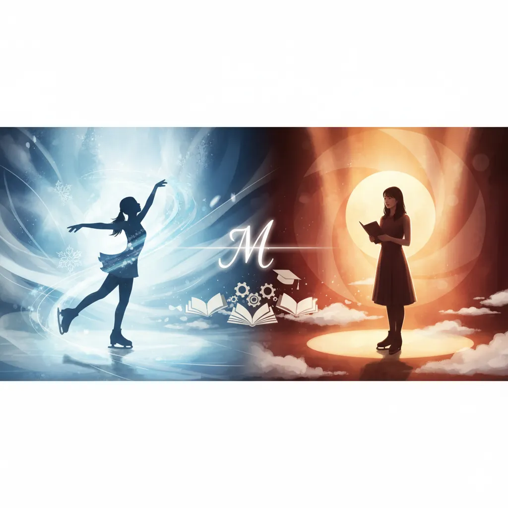 若い女性がフィギュアスケートの演技をしている青白い氷の世界と、本を読んで演技をしている茶色の舞台の世界が左右に描かれ、中央には「M」の文字と本、歯車、卒業帽のアイコンが配置されたイメージ画像。