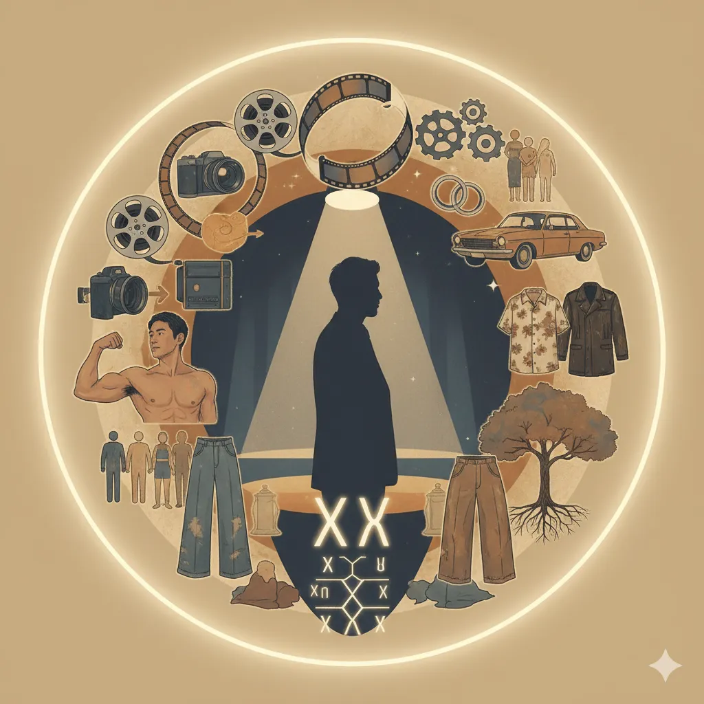 仲野太賀のキャリアとプライベートを象徴する要素が円形に配置されたイラスト。中央にはスポットライトを浴びる人物のシルエットがあり、その周りには映画フィルム、カメラ、家族の姿、指輪、ヴィンテージカー、筋肉質な体、古着風のファッションアイテム、そして力強い根を持つ木が描かれている。全体的にアースカラーとレトロな雰囲気でまとめられている。