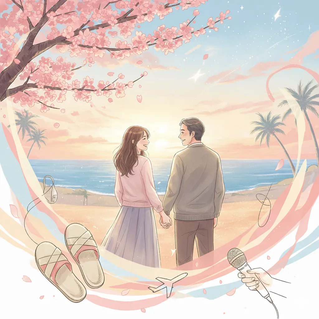 桜の下、海岸で手をつなぎ、夕日を眺めるカップルのイラスト。周りには、スリッパ、飛行機、マイクなどのモチーフが描かれている。