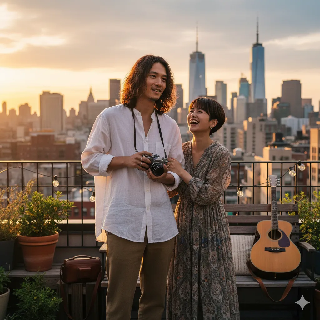夕焼け空の下、都会の屋上庭園で笑顔を見せる日本人カップル。男性はカメラを持ち、女性は彼に寄り添い楽しそうに笑っている。隣にはアコースティックギターが置かれ、自由でクリエイティブな二人の関係性を象徴している。