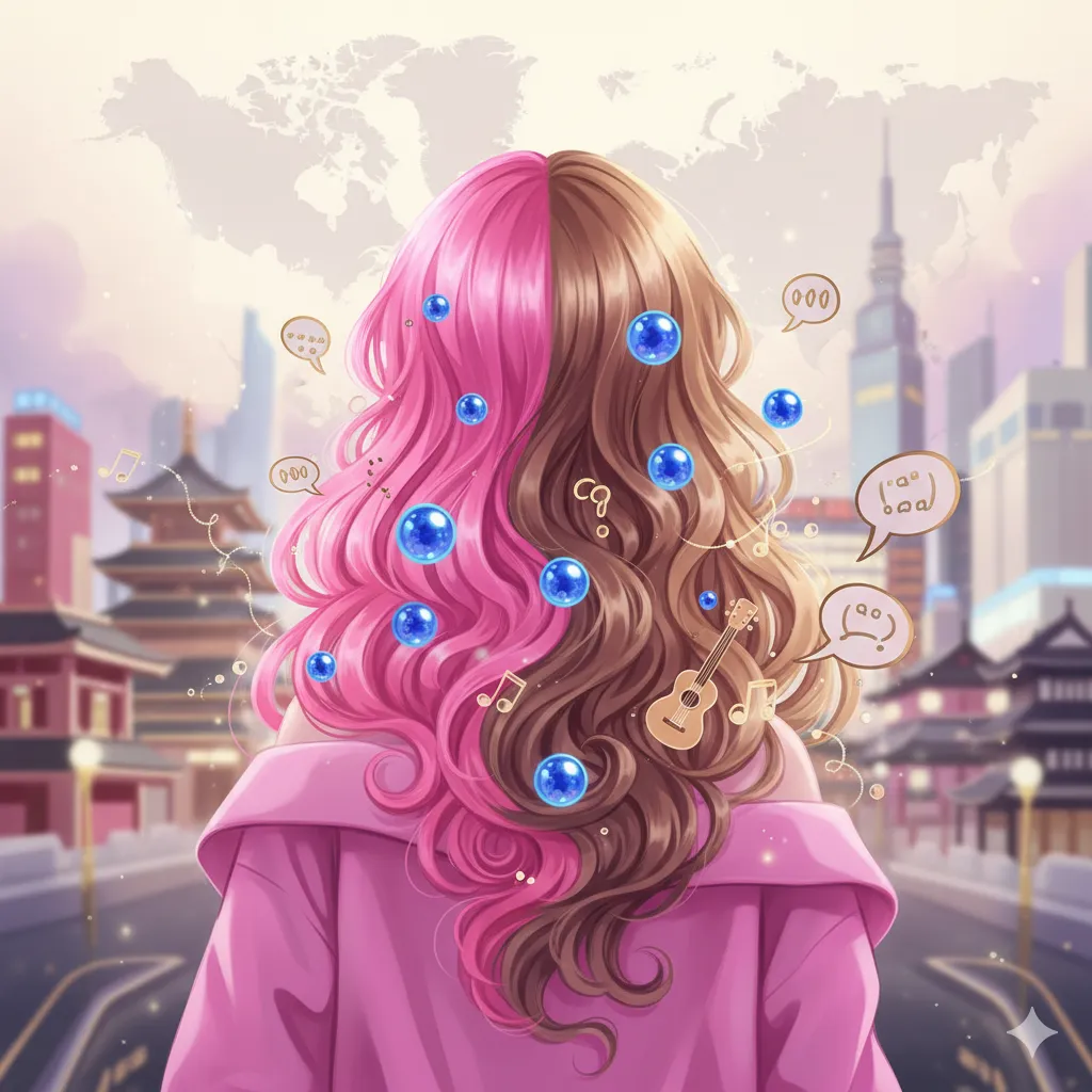 若い女性が後ろ姿で、髪の毛が左右でピンクと茶色に分かれている。髪の毛には音符、ウクレレ、吹き出しなどのイラストが散りばめられ、青い球体が浮かんでいる。背景には都会のビル群や日本の伝統的な建物が見え、その上には世界地図が薄く描かれている。