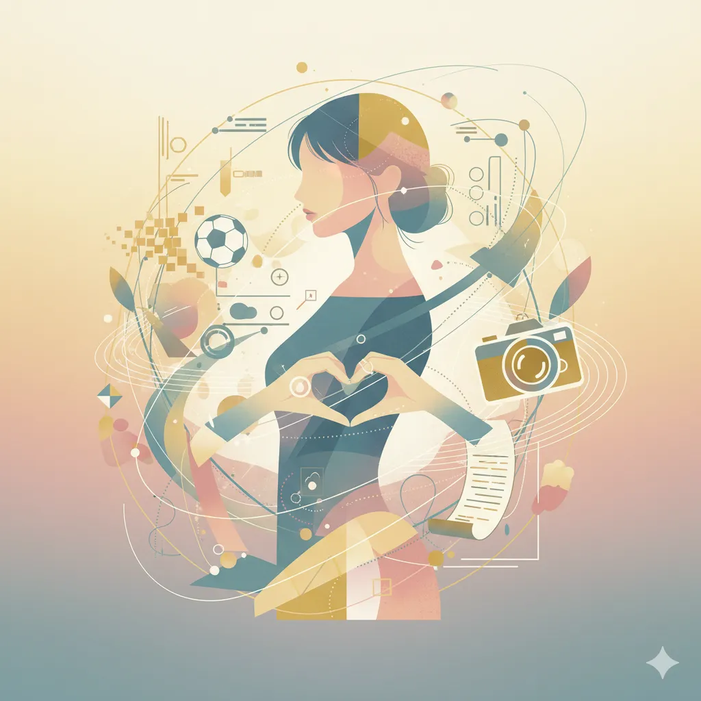 岡本夏美のキャリアとプライベートを象徴する抽象的なイラスト。女性のシルエットを中心に、モデル、女優、サッカーファンとしての要素が融合されている。