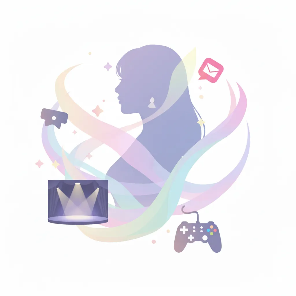 多彩な活動をする女性のシルエットと、麻雀牌、ゲームコントローラー、ステージのスポットライト、SNSアイコンなどが周囲に散りばめられた抽象的なイラスト。女性の横顔は自信に満ちた表情で、全体的にパステルカラーの柔らかい光が描かれている。