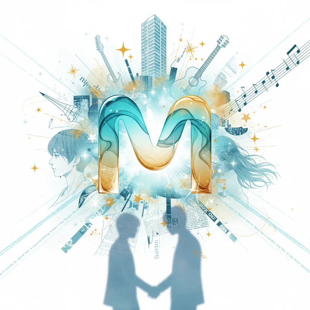 Mの文字を中心に、都会のビル群や音楽を連想させるギターや音符が放射状に広がる。左右には横顔の人物のシルエットがあり、下部には握手する二人の人物のシルエットがある。背景には星の輝きや文字の羅列が散りばめられ、全体的に明るくポップな雰囲気。