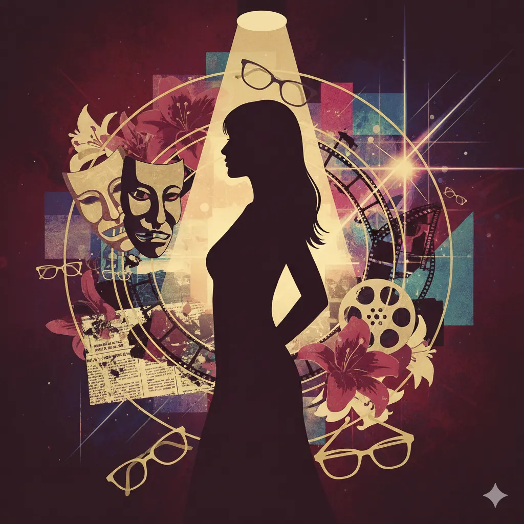 スポットライトを浴びる女性のシルエットを中心に、演劇の仮面、フィルムのリール、眼鏡、百合の花、新聞のコラージュがコラージュされた抽象的なビジュアル。