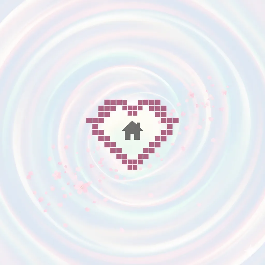 マインクラフトを想起させるドット絵のハートの中に家のシルエットが描かれ、温かい家庭を象徴している。桜の花びらが舞う淡い色彩の渦巻きが背景に広がり、家族の絆と穏やかな日常を表現している。