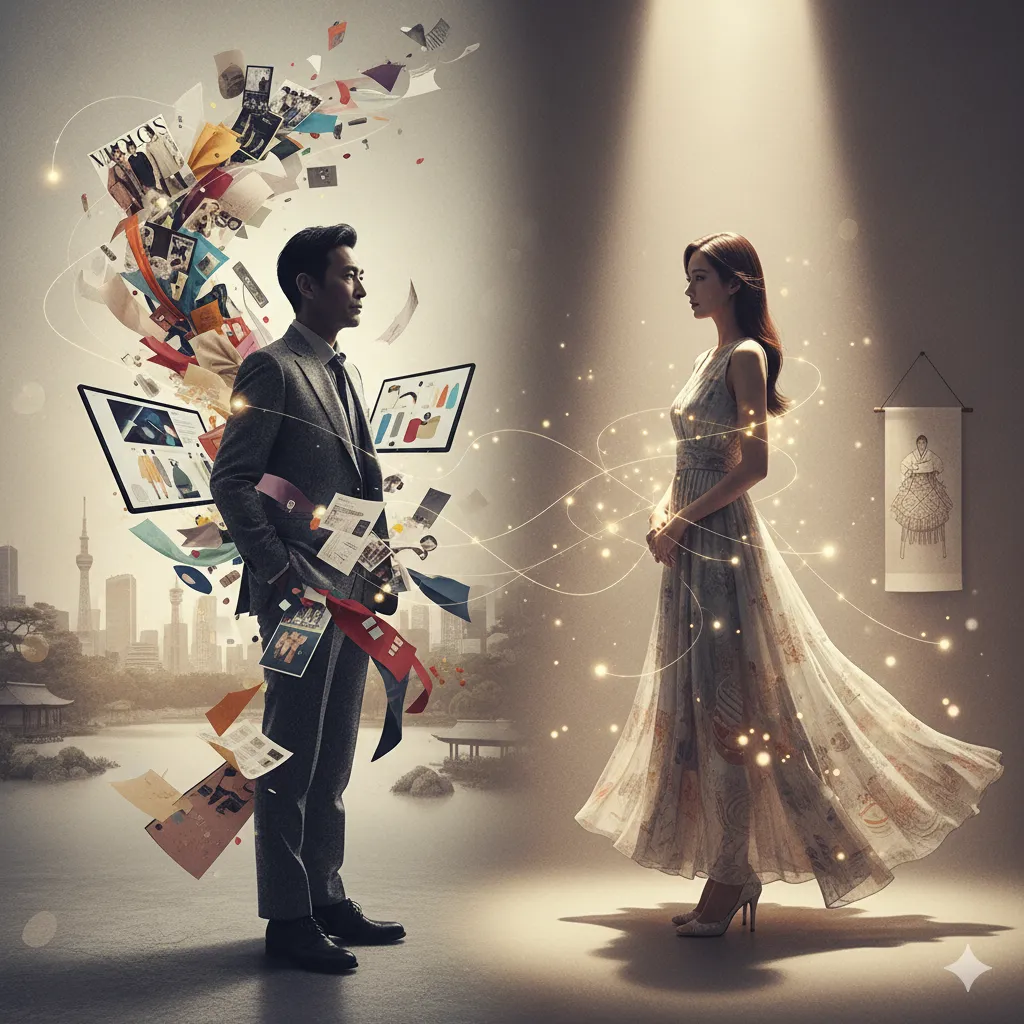 ァッションアイテムと雑誌記事が渦巻く都市風景を背景にしたスタイリストの男性と、エレガントなドレスをまとった女優の女性が、光の糸で結びついている幻想的なイメージ。二人の間には創造的なエネルギーが流れ、プロフェッショナルな関係性と深い絆を象徴している。