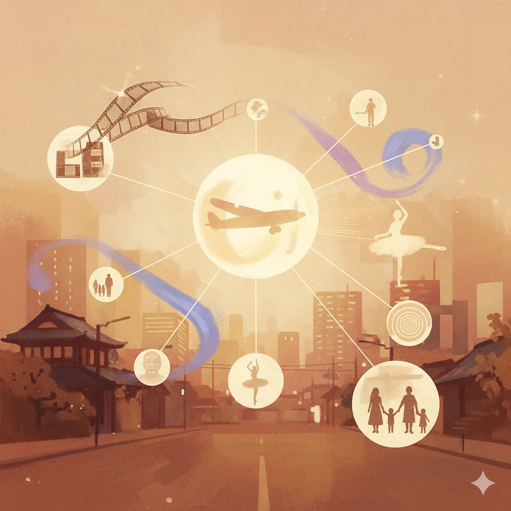 染谷将太さんの生い立ちから現在に至るまでの家族や俳優としての道のりを、映画フィルムやバレエ、飛行機、家族といったモチーフで表現した抽象画。背景には東京の街並みが広がり、彼の故郷である江東区を思わせる要素が散りばめられています。