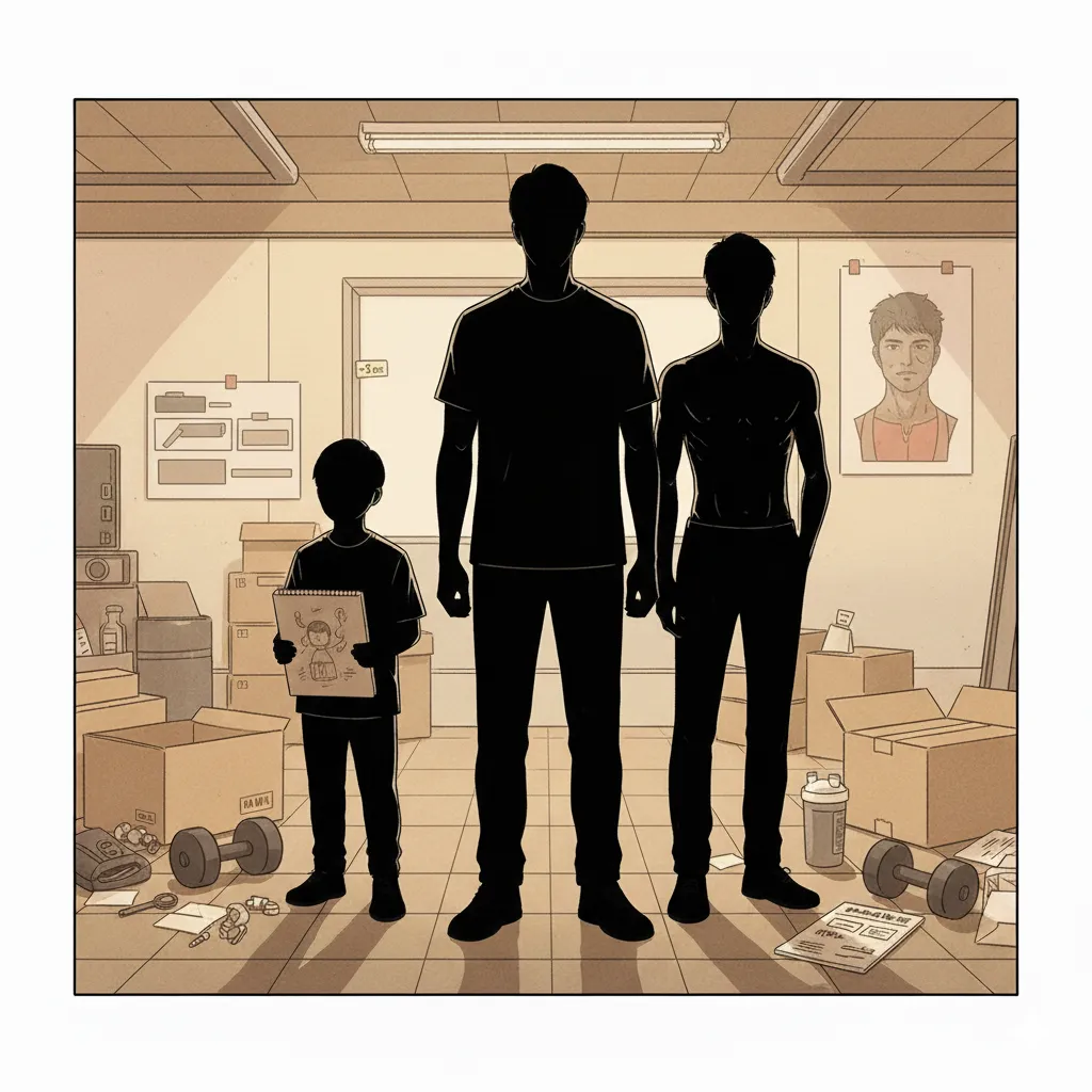 3人のシルエットの人物が立っており、それぞれの身長が異なる。背景には、体重の変化、身長に関する数値、そして他の人物の顔のポスターが描かれた、少し雑然とした部屋が広がっている。