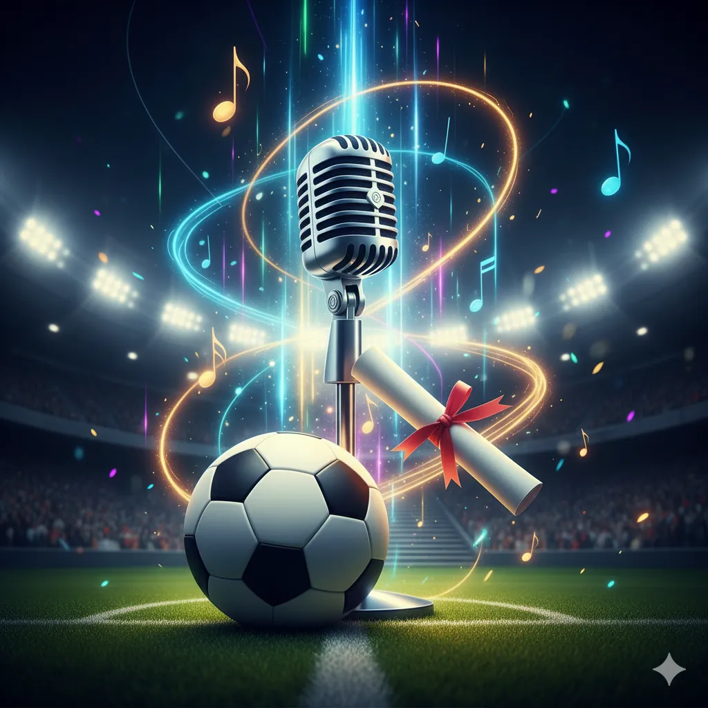 サッカー場のピッチに置かれたマイクとサッカーボール、そして卒業証書。音楽的な光のエフェクトがそれらを取り囲み、スタジアムのライトが輝いている。