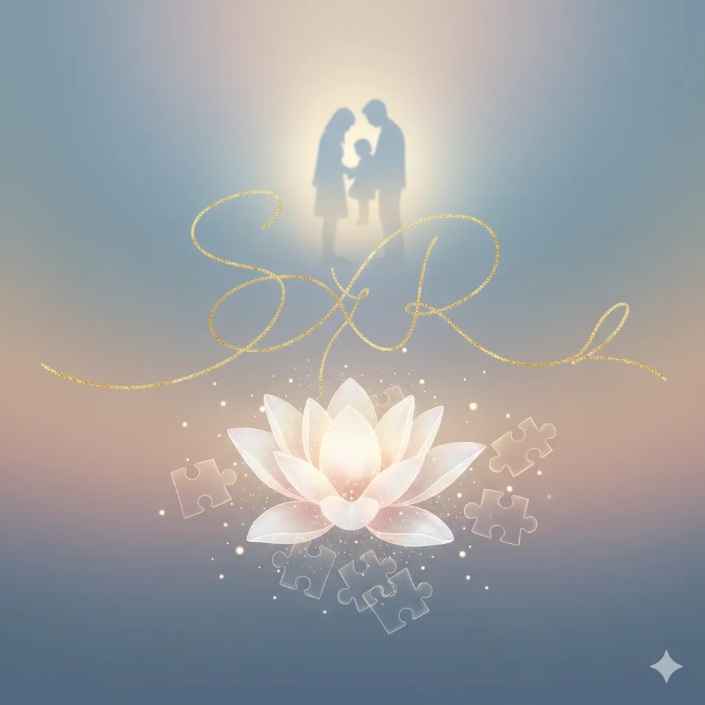 家族のシルエットとイニシャル「S」と「R」、蓮の花とパズルのピースが描かれた抽象的なイラスト。背景は柔らかな光に包まれたグラデーション。