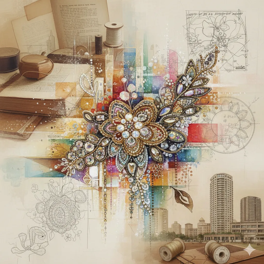 華やかなビーズ刺繍のブローチを中心に、アンティークな書類、裁縫道具、抽象的な幾何学模様、都会の風景などがコラージュされた、田川啓二の多面的な人生と芸術性を表現するイメージ。