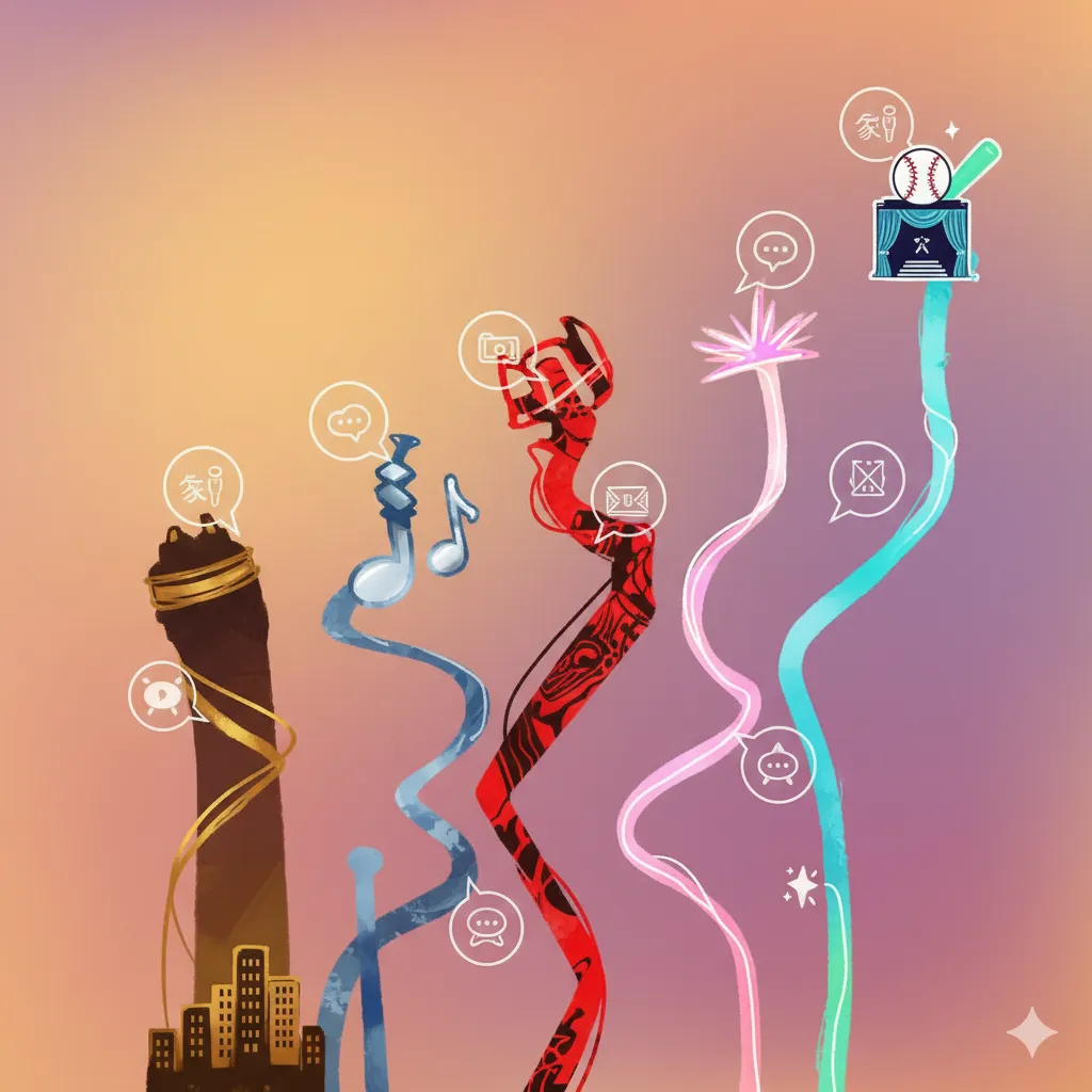 Model 田中家5兄弟の個性的な活動と家族の絆を象徴する抽象的なイラスト。芸能事務所、アイドル、歌手、野球、俳優といった各兄弟の要素が、それぞれ異なる色と形で表現され、メッセージの泡でゆるやかに繋がっています。