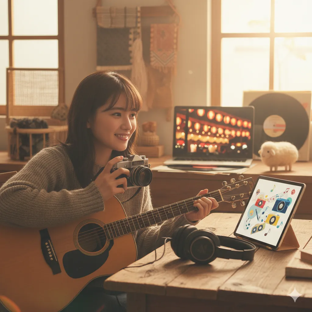 恒松祐里さんを連想させる、笑顔の女性がカメラを構えギターを弾いているイメージ。PCやタブレット、レコードがあるクリエイティブな空間。