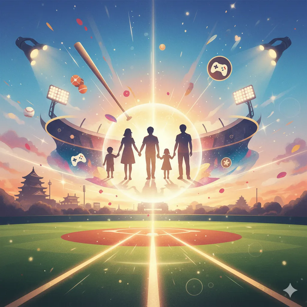 明るく輝く太陽と野球場を背景に、手をつないだ家族のシルエットが描かれています。野球場の外野席の向こうには、日本の伝統的な建築物が見え、空には野球のバットやボール、ゲームコントローラーのアイコンが浮かんでいます。全体的に温かく希望に満ちた雰囲気のイラストです。