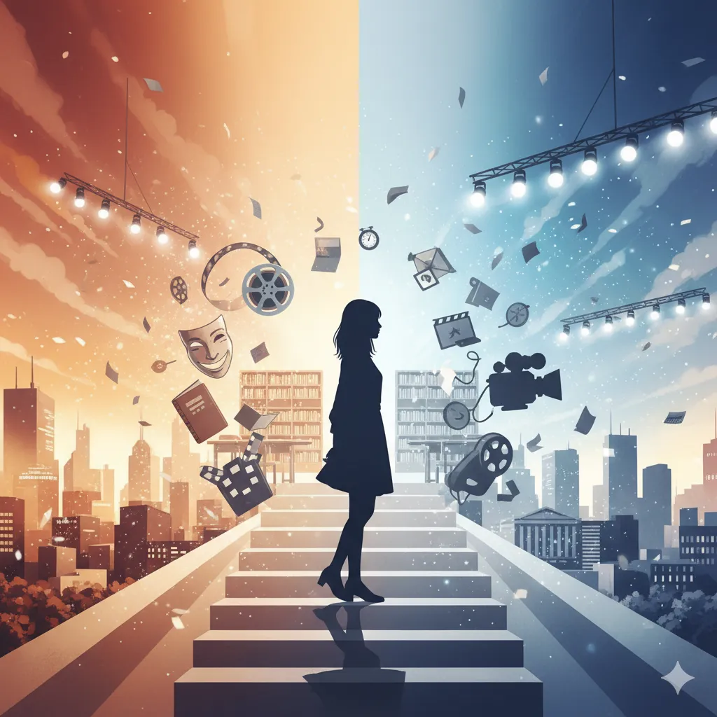 女優のキャリアと学業の岐路を象徴する抽象的なイラスト。階段の上に立つ女性のシルエットが中央にあり、左側には学業や普通の生活を思わせる本、カゴ、パンなどのアイコンが浮かび、暖色系の都市風景が広がる。右側には映画フィルム、カメラ、マスクなどの芸能活動を象徴するアイコンが舞い、寒色系の都市風景が広がる。