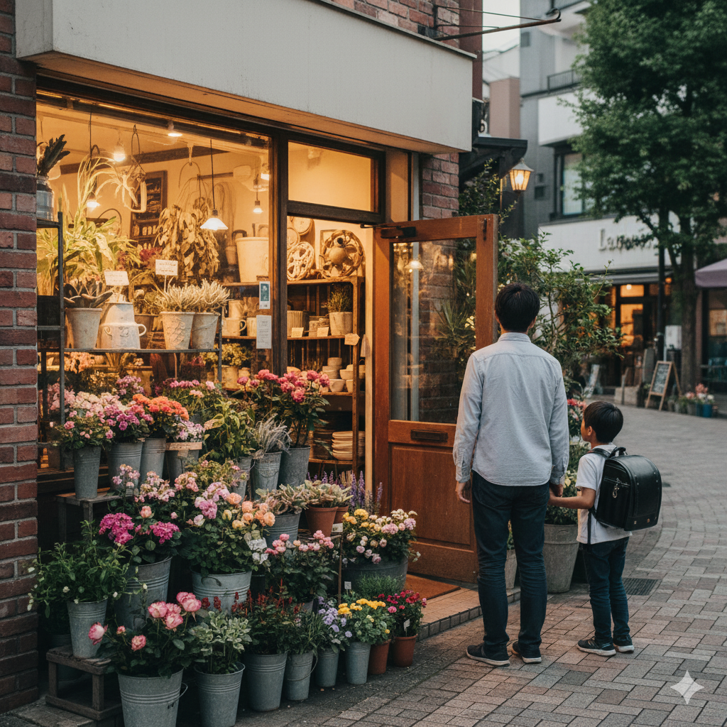 父親と息子が花屋の入り口に立っている後ろ姿。たくさんの美しい花々が店頭に並べられ、店内からも温かい光が漏れている。