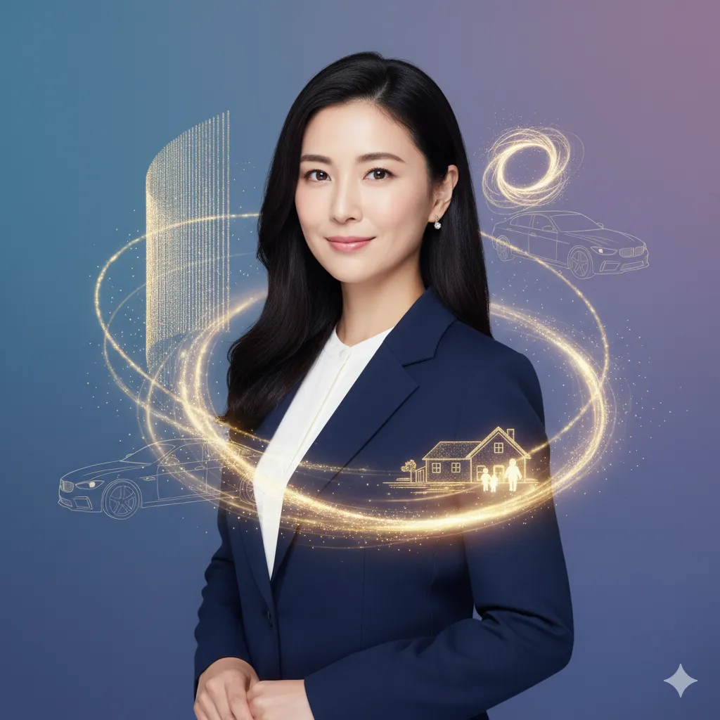 女性がビジネススーツを着て笑顔で立っており、その周囲には輝く線で描かれたビル、車、家と家族のシルエットが抽象的に浮かんでいる。背景は青から紫へのグラデーション。