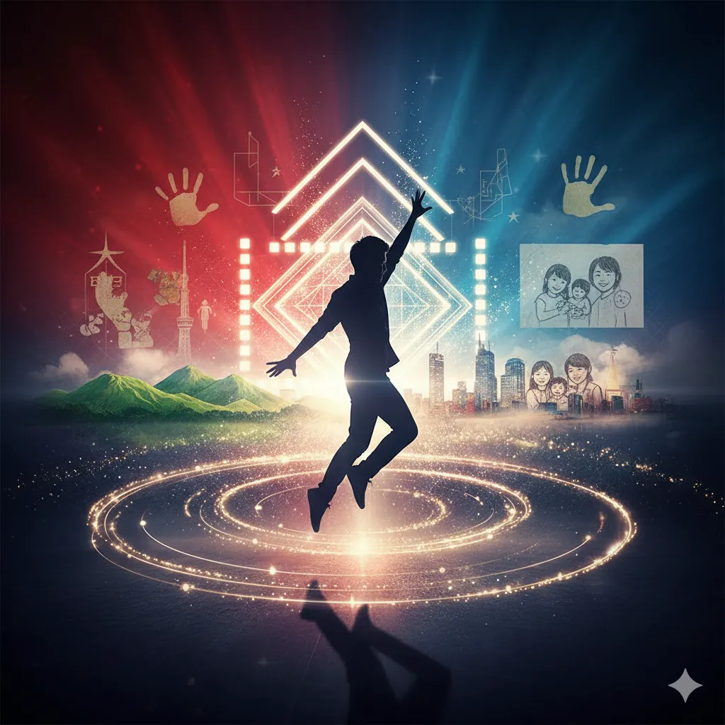 夢を追い上京し、プロのダンサーとして活躍する荒木駿平氏を表現した画像。出身地の大分と、仕事の拠点である東京、そしてパートナーである浜崎あゆみと子供たちとの家族の姿を描いている。