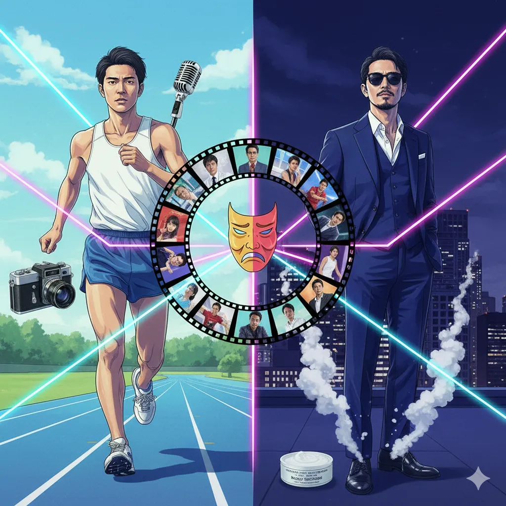 若い頃の陸上選手と現在の俳優の姿が対比され、キャリアと私生活が表現された抽象的なイラスト。