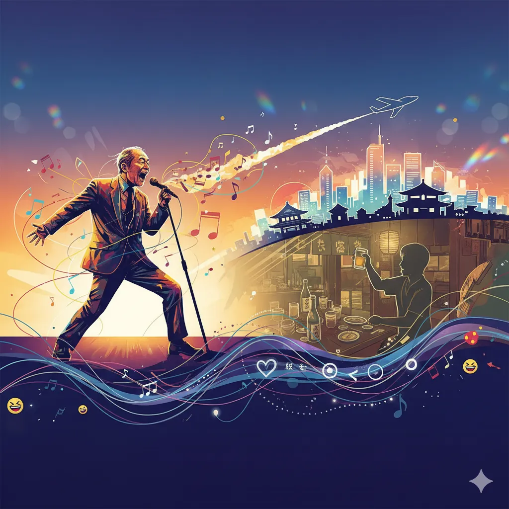 70代の男性が情熱的に歌い、音符が飛び交うステージシーン。背景には日本の都市風景、居酒屋でくつろぐ人々の姿、そして空を飛ぶ飛行機が描かれている。全体として、エンターテイメント、家族の絆、そして多岐にわたる活動を象徴する鮮やかなイラスト。