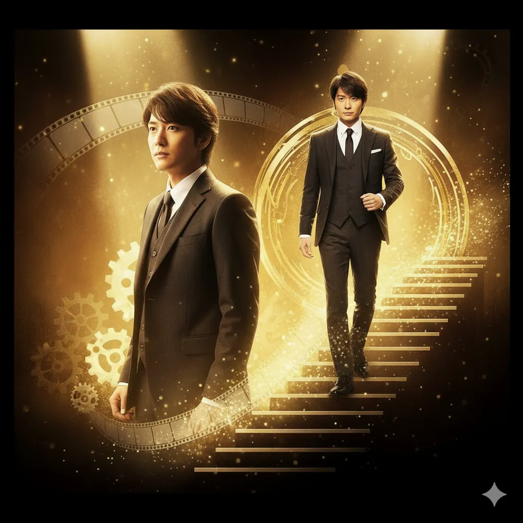 若い頃と現在の二つの姿が描かれた男性のイメージ。左側はスポットライトを浴びる若々しい姿で、背景にはフィルムリールと歯車が描かれている。右側はスーツ姿で階段を上る現在の姿で、背景には王冠、音符、歯車が舞う。全体的に金色の光に包まれ、彼のキャリアの軌跡と進化を象徴している。