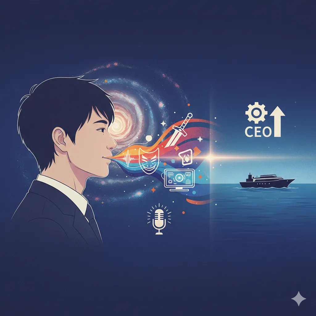 声優の多才なキャリアとビジネスへの展開を抽象的に描いた画像。左側には横顔の男性がおり、口元からは色とりどりの光と、マイク、演劇のマスク、剣、パソコン、銀河などのシンボルが流れています。右側には海の上に浮かぶヨットと、「CEO」という文字と歯車のアイコン、そして上向きの矢印が描かれています。これは、声優としての表現力と多様な役柄、そしてビジネスの成功を象徴しています。