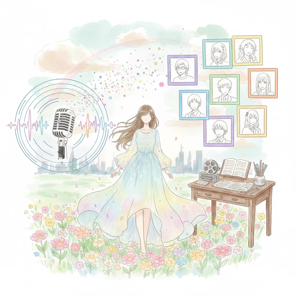 声優の活動と多面的な魅力を表現したイラスト。中央には顔が特定できない架空の日本人女性がパステルカラーのドレスを着て立ち、左にはマイクと音波の視覚化、右には様々なキャラクターが描かれた額縁、手前には花畑、奥には都市のシルエットが描かれている。右下の机には台本や楽譜、フィルムリールが置かれている。