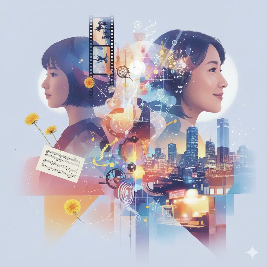 若い頃と現在の女性の横顔が左右に描かれ、その間に映画のフィルム、音符、カセットテープ、タンポポ、都市の風景などの要素がコラージュされた、女性のキャリアと時間の流れを象徴するイラスト。