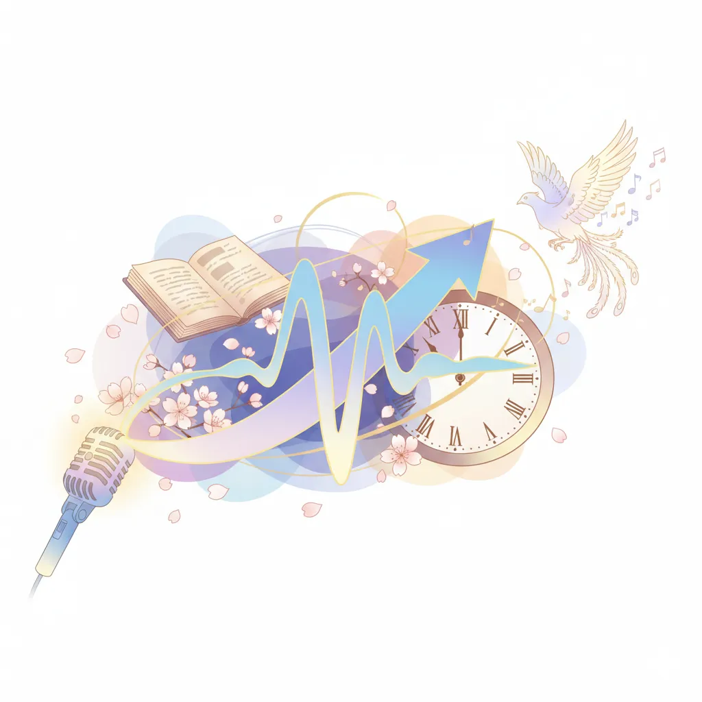 女性声優のキャリアと結婚に関するイメージ。マイク、開かれた本、時計、上昇する矢印、平和の象徴としての鳥、桜の花びらが融合したデザイン。声の波形が中央を横切り、全体的に柔らかく上品なパステル調の色合いで構成されている。