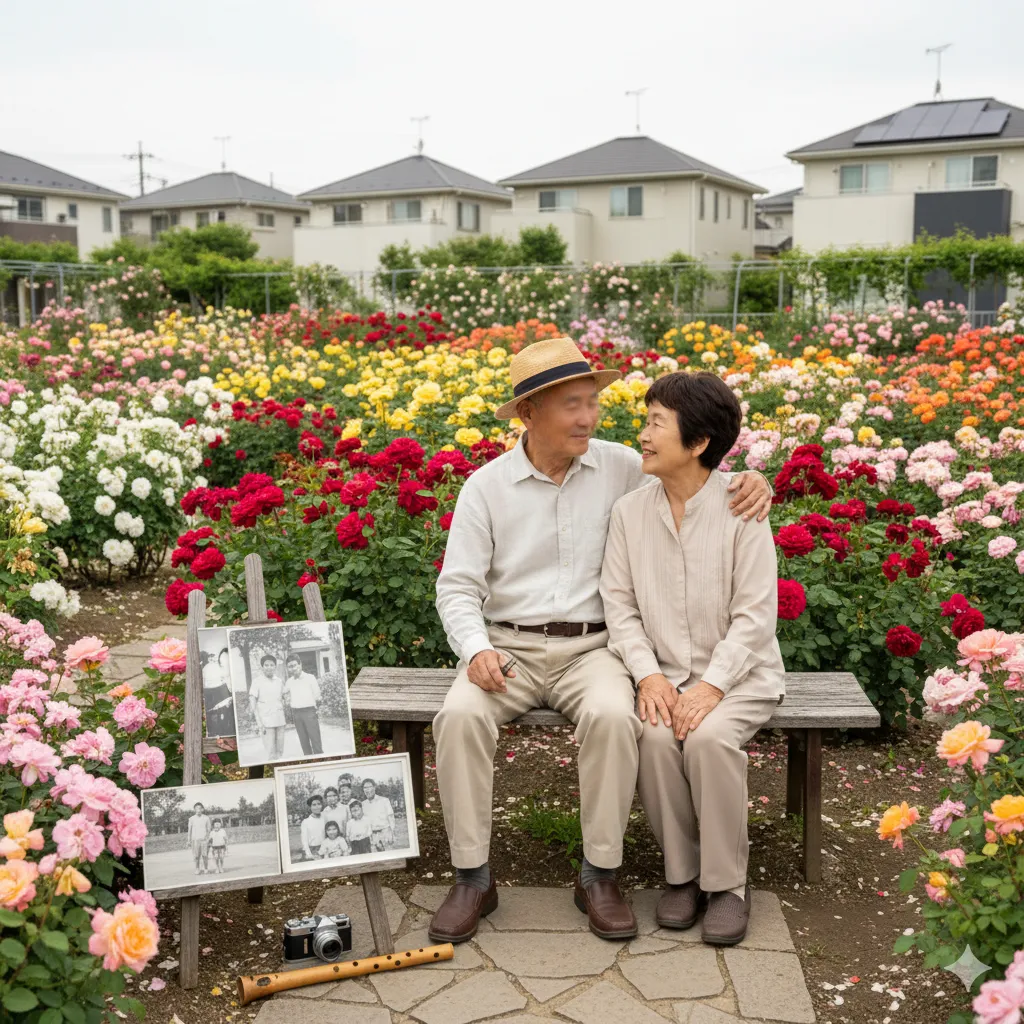 豊かなバラに囲まれた庭で、優しい表情で寄り添う中高年夫婦。手前にはイーゼルに飾られた家族写真や、カメラ、楽器が置かれ、穏やかな私生活と趣味を象徴している。