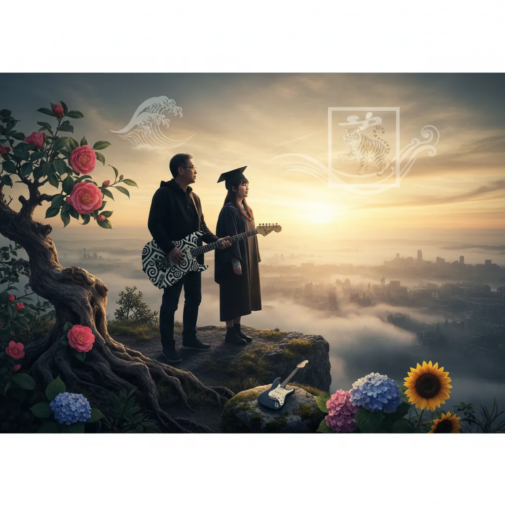 崖の上から日の出を眺める男性ギタリストと卒業ガウンを着た娘の横顔。周囲にはツバキ、アジサイ、ヒマワリが咲き誇り、空には波と「寅」の文字をあしらった虎のイラストが浮かんでいる。