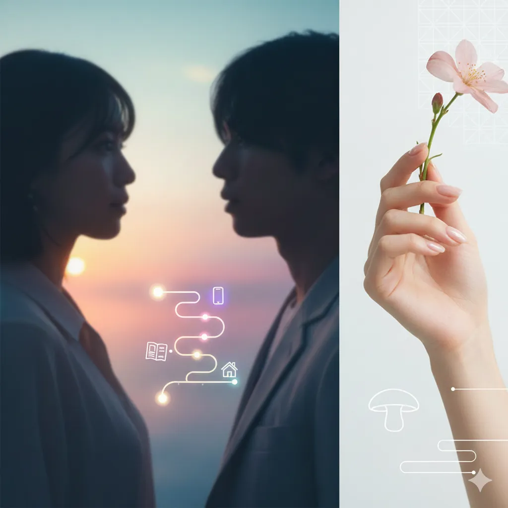 夕焼けを背景に、向かい合う男女のシルエット。二人の間には、スマートフォン、本、家を象徴するアイコンが光る線で繋がっている。右側には、桜の花を持つ女性の美しい手が描かれ、その下にはキノコのアイコンと流れるような線が配置されている。