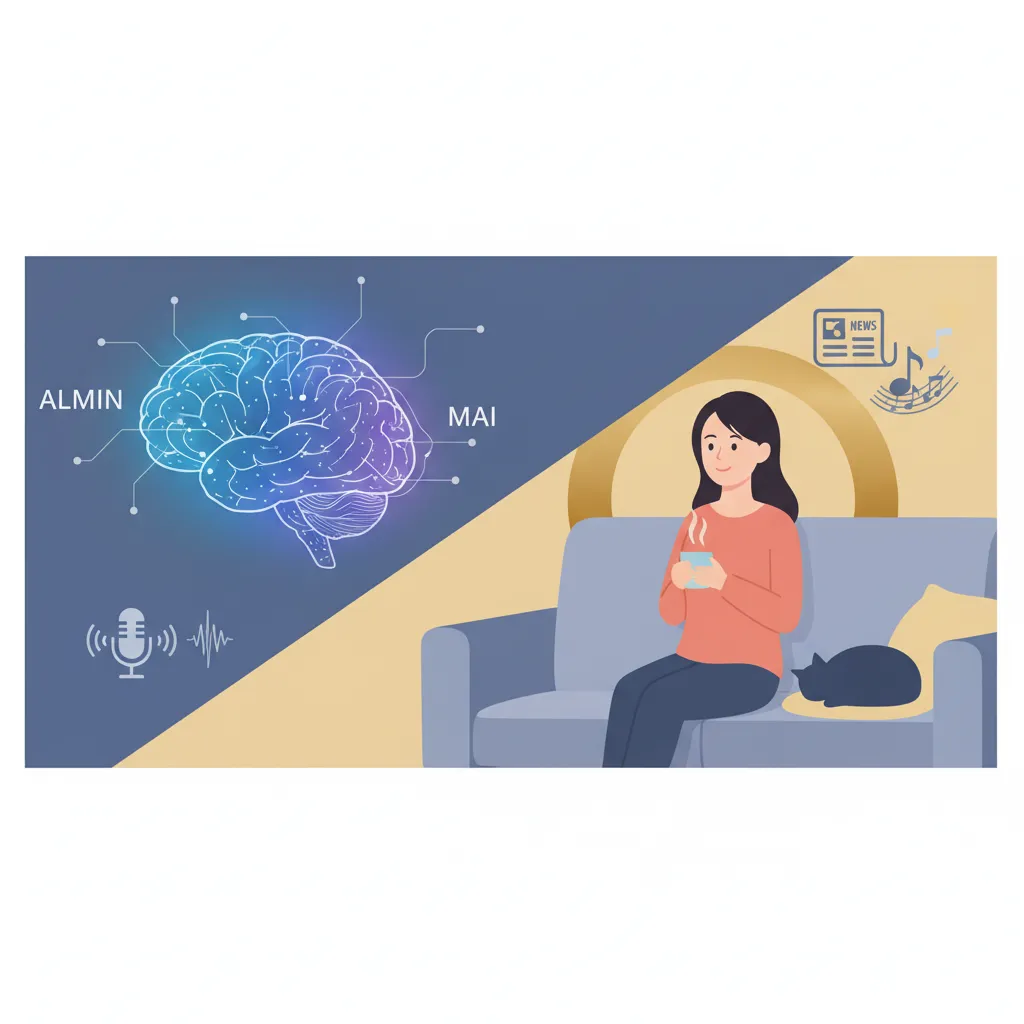 左側に脳のイラストと「ALMIN」「MAI」という文字、マイクと波形のアイコン。右側にソファに座って飲み物を持っている女性と猫が描かれ、ニュース記事のアイコンと音符のイラストがある。