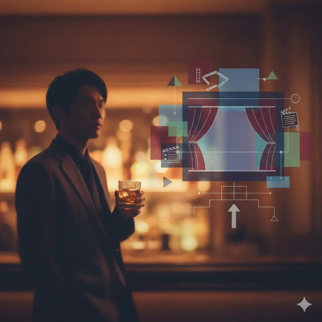 バーカウンターに立つ男性と、彼の思考を表すような演劇や映画のアイコンが浮かび上がるイメージ。