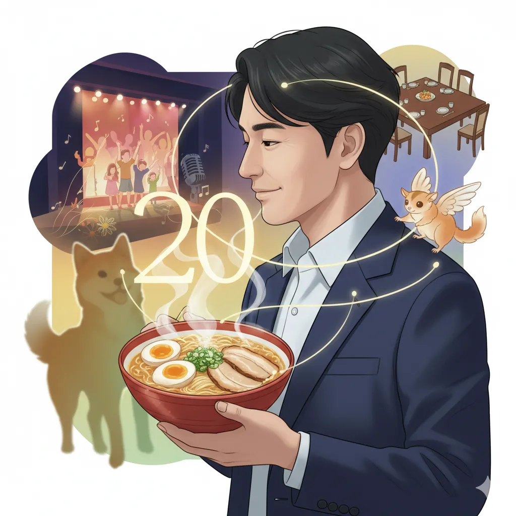 男性がラーメンを手に持ち、その周りに音楽ライブ、家族の食事風景、柴犬、フクロモモンガ、そして数字の20が描かれている。男性の横顔は穏やかな表情をしている。