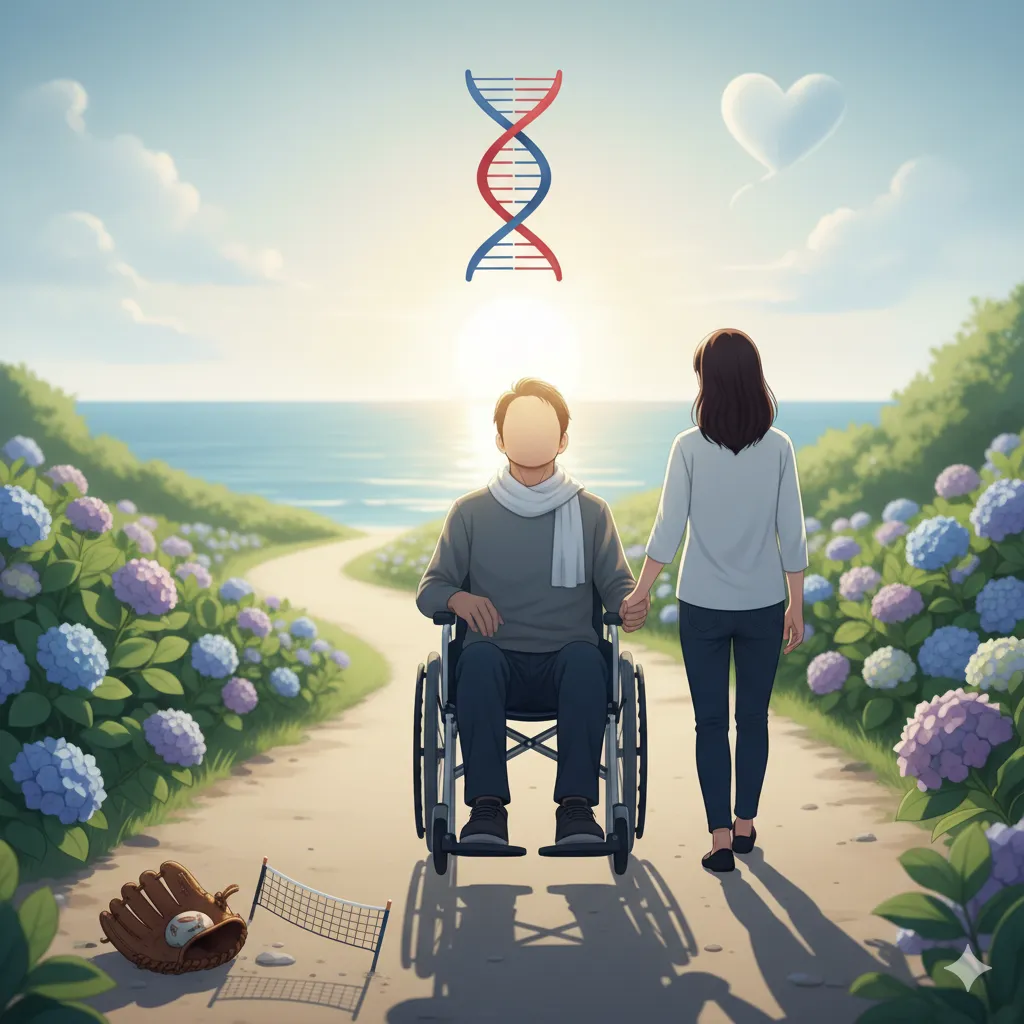 海沿いのあじさいが咲き誇る道を、車椅子に乗った男性と手を繋いで歩く女性の背中越しのイラスト。男性の顔は描かれていない。空にはDNAの二重らせん構造のアイコンとハート型の雲が浮かび、道の脇には野球グローブとテニスネットが置かれている。全体的に明るい日差しが差し込む希望に満ちた風景。