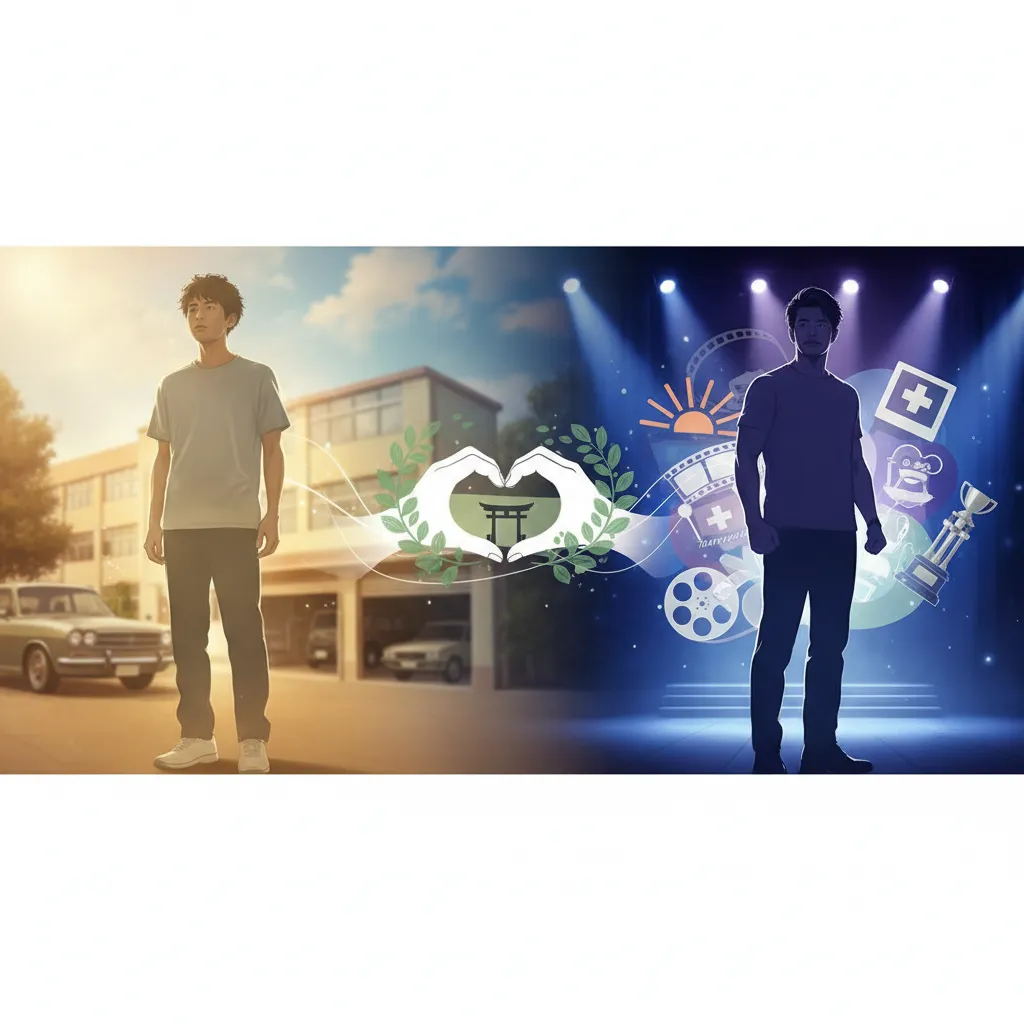 一人の男性が学生時代と俳優として活躍する現在とで対比的に描かれている。左側では学生服を着た男性が学校を背景に立っており、右側ではスポットライトを浴びる舞台上で、映画や医療を象徴するアイコンに囲まれて立っている。中央には、寺院を模したマークと葉っぱがハートの形に配置されたデザインが描かれ、男性の過去と現在が繋がり、内面的な変化と成長を表している。