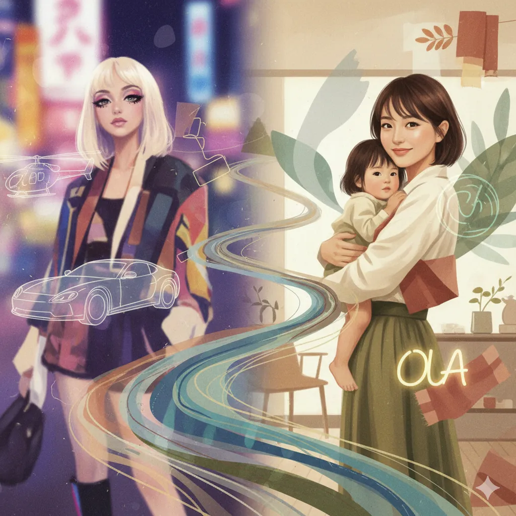 マリエの過去と現在を表現した抽象的な画像。左側は夜の都会のネオン街に立つ金髪の女性が描かれ、周囲には高級車やヘリコプターの線画が描かれている。右側は穏やかな室内で子供を抱き、優しく微笑む黒髪の女性が描かれ、背景には「OLA」という文字が見える。過去から現在へと流れるカラフルな曲線が二つのシーンを結んでいる。