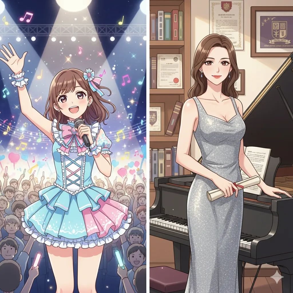 アイドル時代の煌めきと、知的な大人の魅力を表現した二面性のある女性のイラスト。左側はスポットライトを浴びて歌う若い女性アイドル、右側はピアノの横に立つドレス姿の知的な大人の女性。