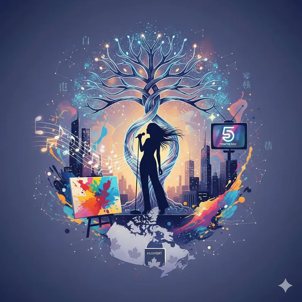 田ゆう姫さんの多様な活動と人生を表す抽象的なイラスト。中央にはマイクを持って歌う女性のシルエットがあり、その背後には光る木が伸びています。周囲には、音楽のノート、都市のスカイライン、絵の具が飛び散ったキャンバス、テレビ画面(TOKYO MXのロゴが見える)、カナダの地図が描かれています。全体は星や光の粒子で彩られ、彼女の国際的な経験、芸術活動、メディアでの活躍、そして家族のルーツが統合されたイメージです。