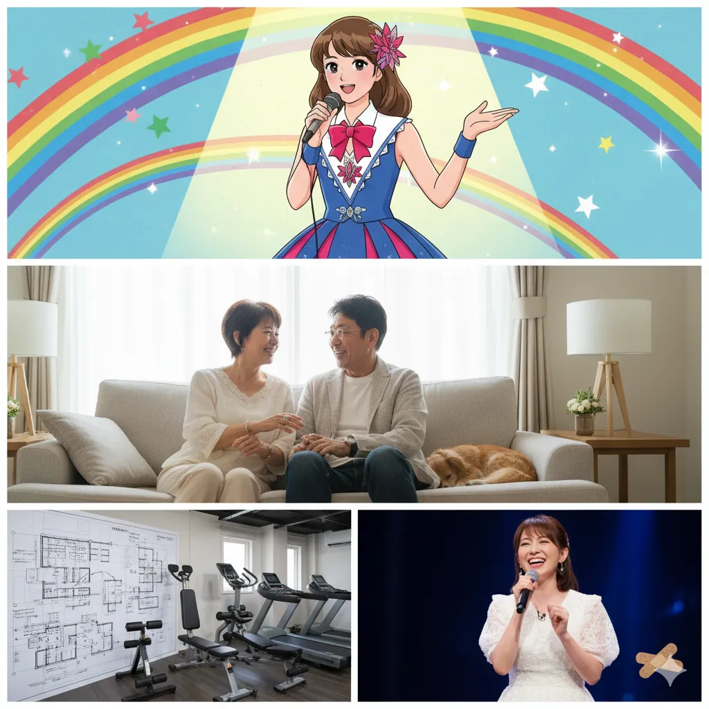 段にアイドル風の若い女性がマイクを持って歌い、虹と星の背景が描かれたイラスト。中央にリビングのソファに座って笑顔で会話する年配の夫婦と犬。下段左に住宅の平面図とトレーニングジムの室内。下段右に白いドレスを着てステージで歌う笑顔の女性。