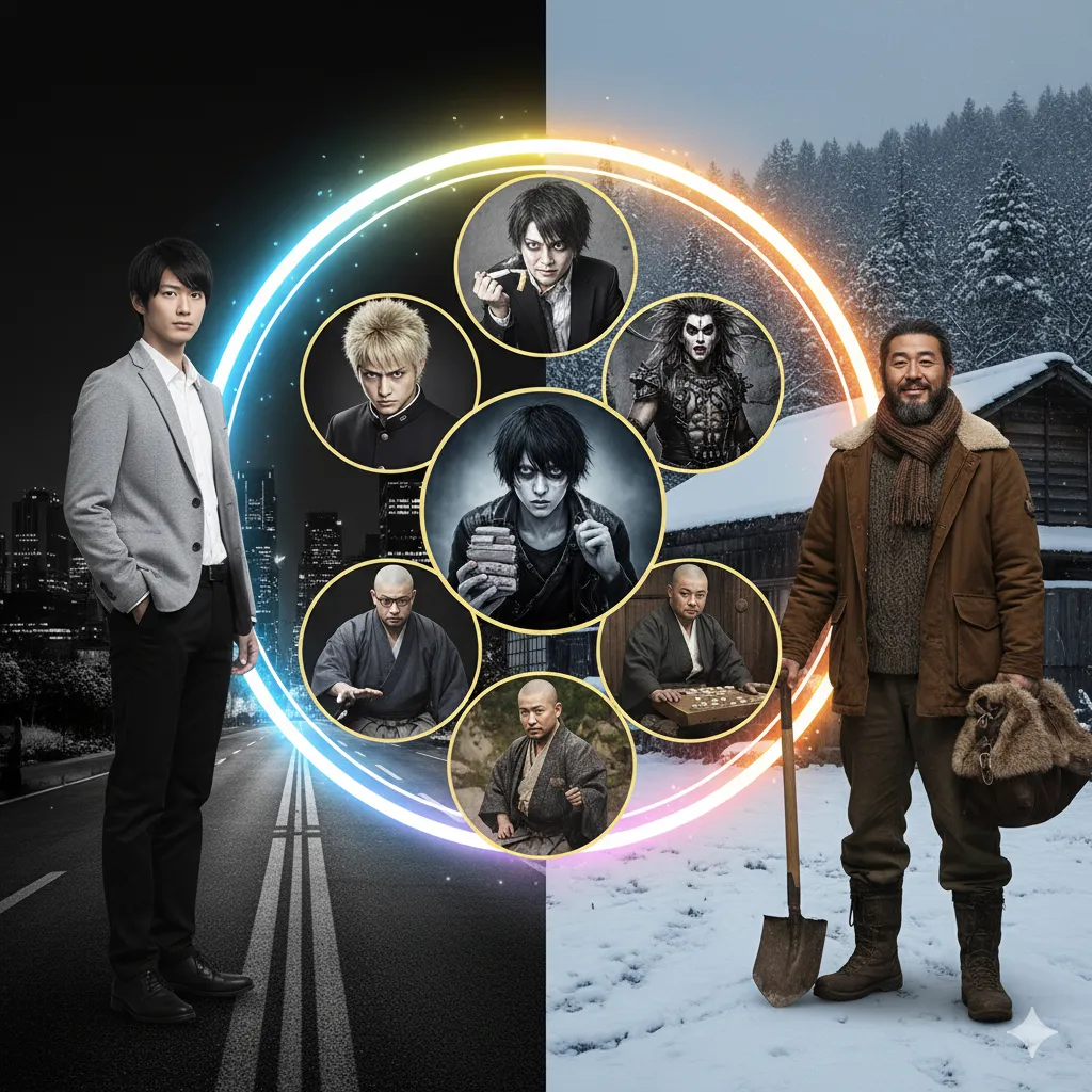 若い頃から現在までの多様な役柄を演じる日本人俳優のコラージュ。左側には都会的なスーツ姿の若い男性が立ち、中央には様々な役柄の顔が配置され、右側には雪景色の中で農具を持つ年配の男性が描かれている。これらが虹色の光の輪で囲まれている。