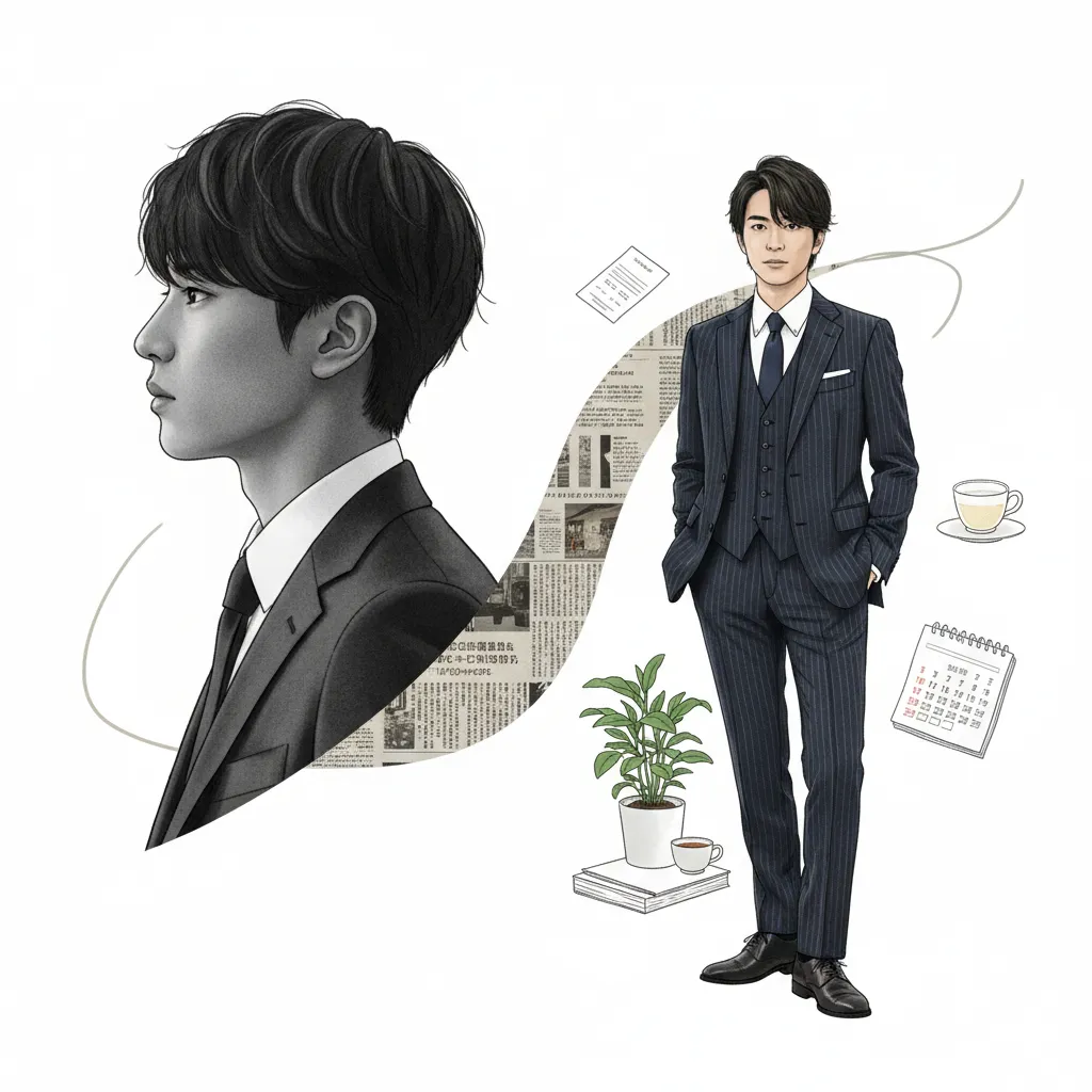 若い男性の横顔のシルエットと、新聞記事のコラージュ、そして現在の洗練されたスーツ姿の男性が、湿度管理された植物、白湯、カレンダーといった要素と共に描かれている。二つの異なる時代の男性が、緩やかな曲線で繋がっている。