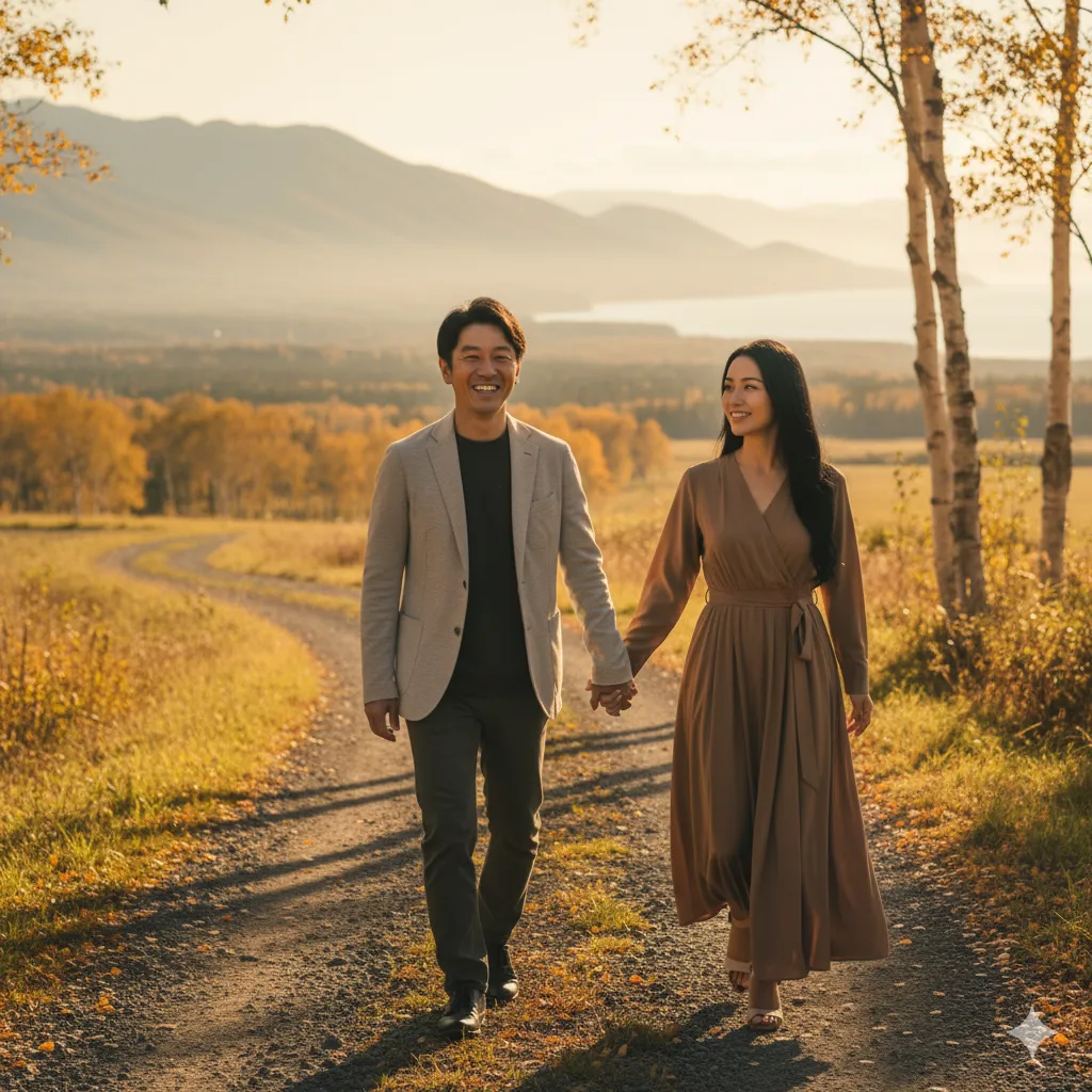 秋の夕暮れ時、黄金色の木々が広がる小道を手を取り合って歩く、幸せそうな男女のカップル。遠景には穏やかな湖と山々が広がり、暖かくロマンチックな雰囲気を醸し出している。