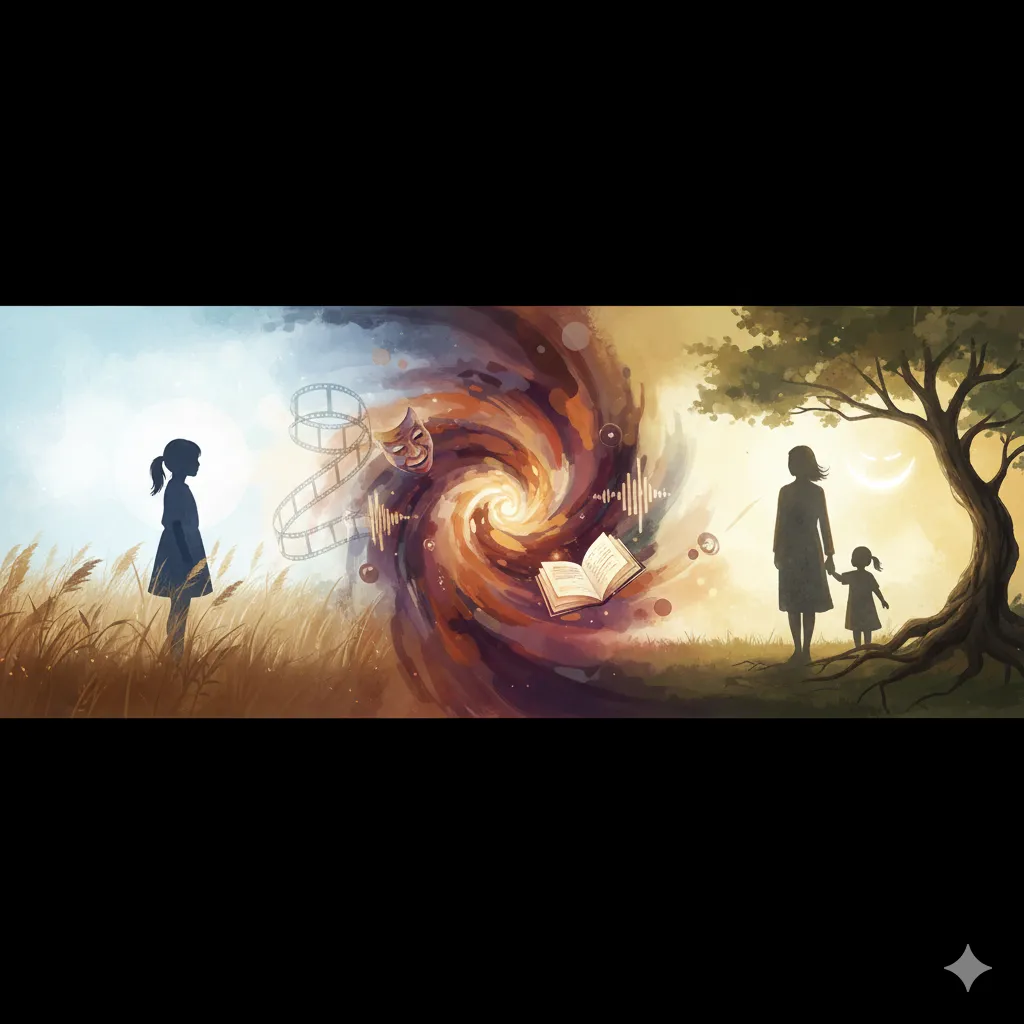 女が草むらに立ち、成長の象徴である演劇のマスク、フィルムリール、マイク、開いた本が渦巻く中に吸い込まれ、やがて母親が子供の手を引いて木の下に立つ姿へと変化していく抽象画。