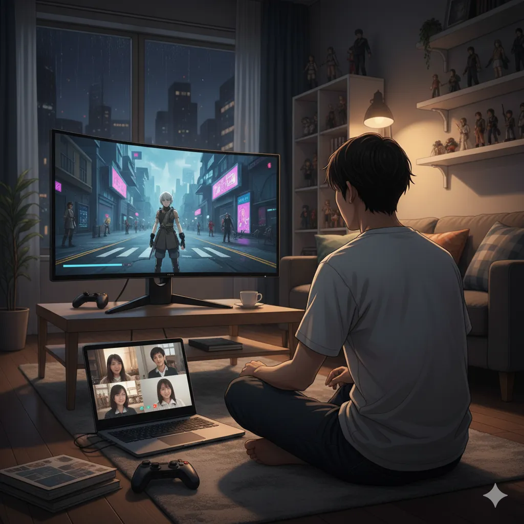 薄暗いリビングで、一人の男性が床に座り、テレビ画面でゲームをプレイしている。手元にはゲームコントローラーがあり、その横にはノートパソコンが置かれている。ノートパソコンの画面には、複数の人物がビデオ通話をしている様子が映し出されている。部屋の奥には、フィギュアが飾られた棚やソファが見える。窓の外は夜景で、街の明かりがぼんやりと見える。