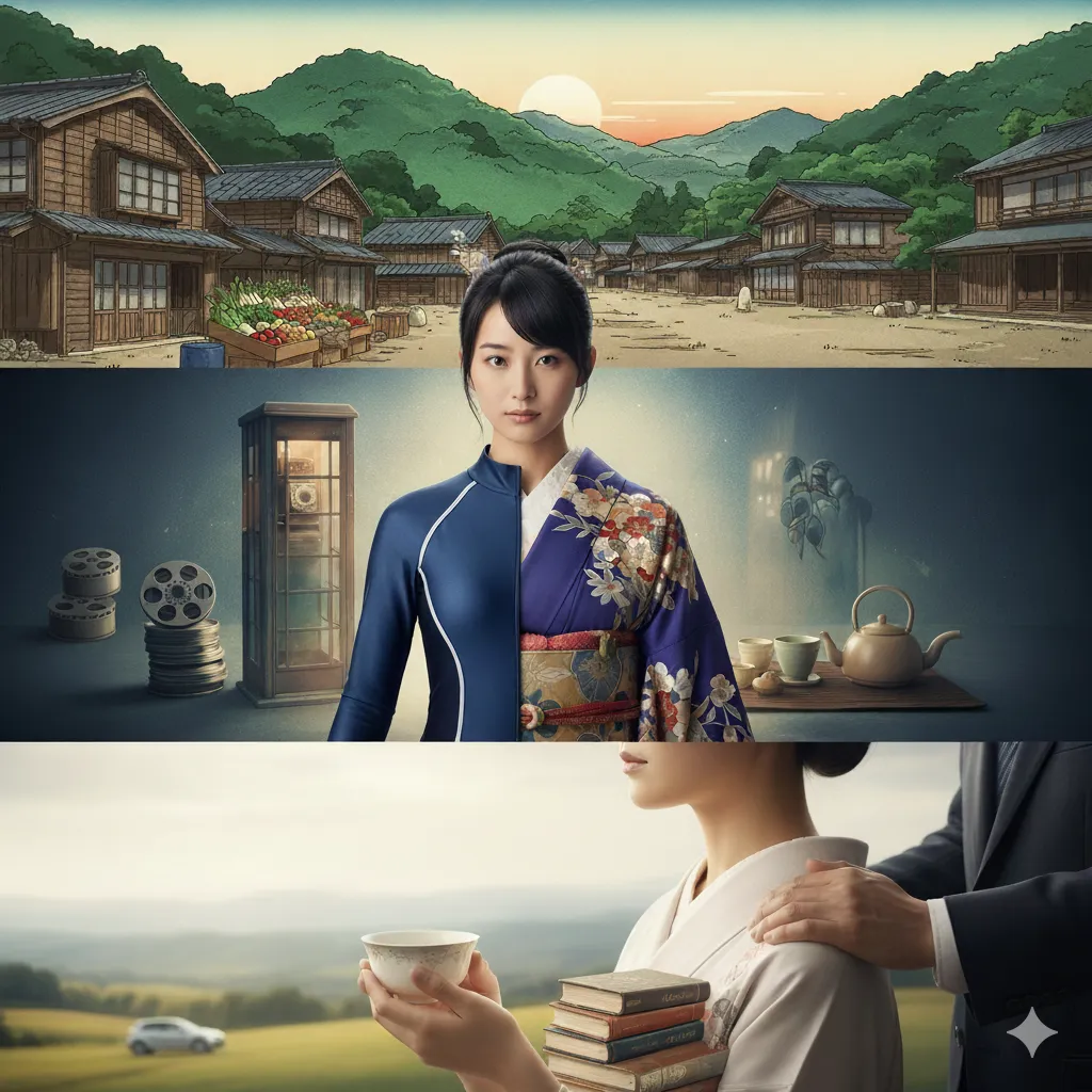 若い頃から現在に至る中谷美紀さんの多才な魅力と人生の歩みを表現したコラージュ画像。上段は東村山の八百屋を営む実家と幼少期の穏やかな風景。中段はアイドル時代から女優としてのキャリアを象徴する和服と現代的な衣装が融合した女性。左手には映画フィルム、右手には茶器が描かれている。下段は知的な面と国際結婚後のライフスタイルを示す、本とバイオリン、そして海外の風景を背景にした女性の横顔と男性の腕。桜の花びらが舞い、日本の美意識と海外での生活が調和した様子を描いている。