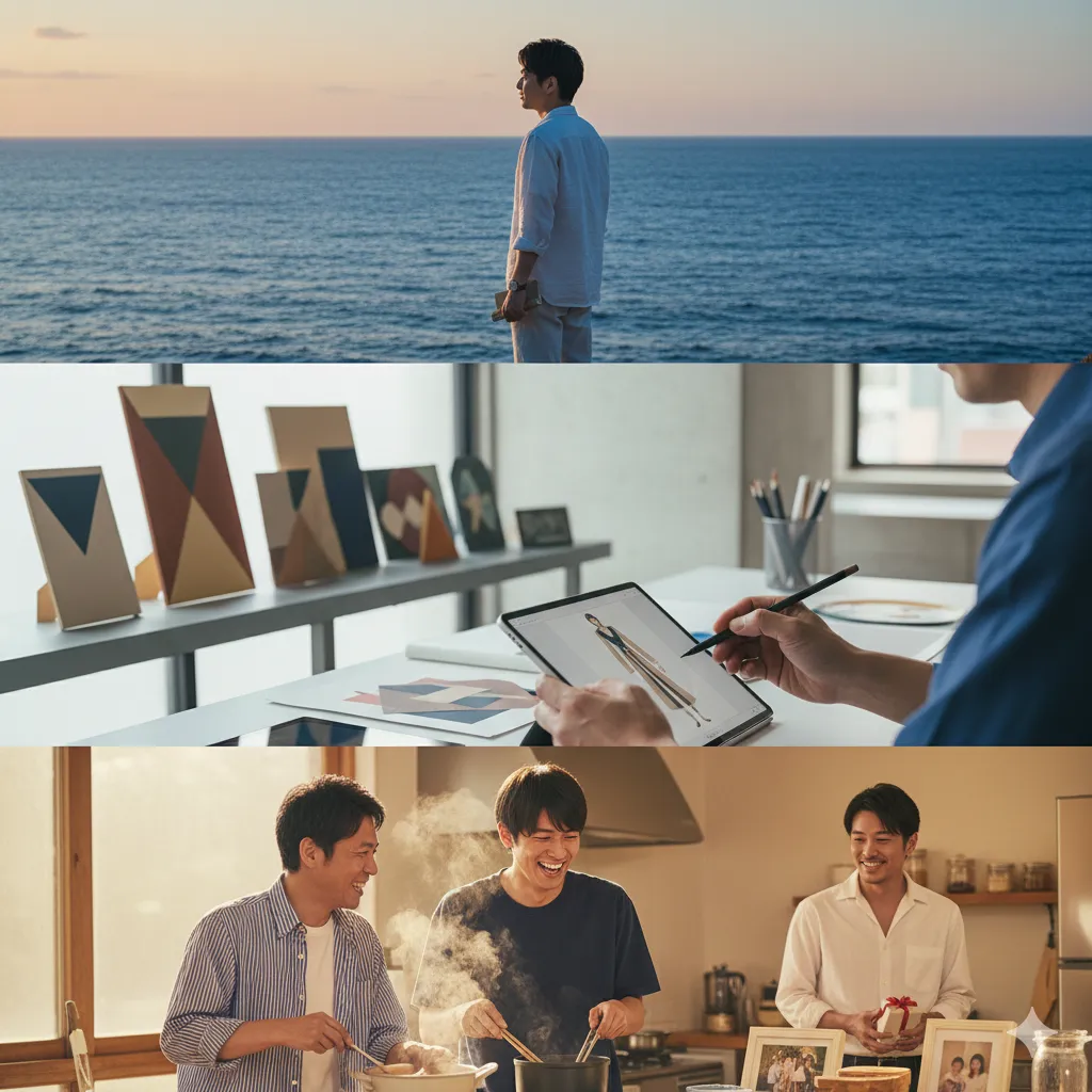 成宮寛貴さんの記事内容を視覚的に表現したトリプティック画像。上段は夕暮れの海辺で遠くを見つめる男性の後ろ姿、中段はタブレットでデザイン画を描く男性の手元、下段はキッチンで楽しそうに料理をする男性たちとプレゼントが置かれた家族写真のある棚。